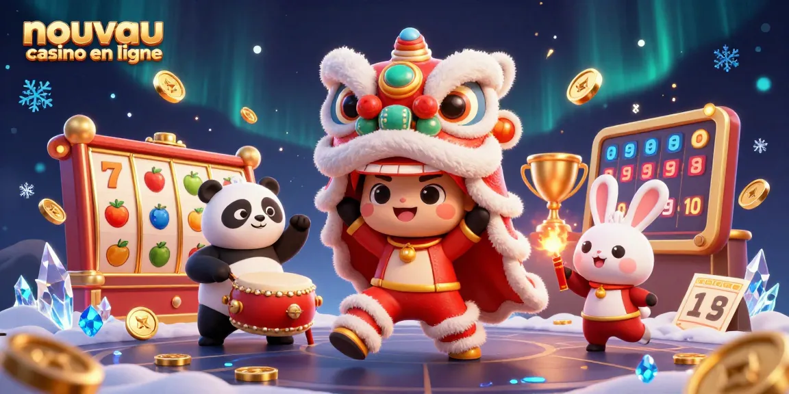 Une illustration de jeu captivante représentant le nouveau casino en ligne avec un lion dansant et des éléments de jeux dynamiques.