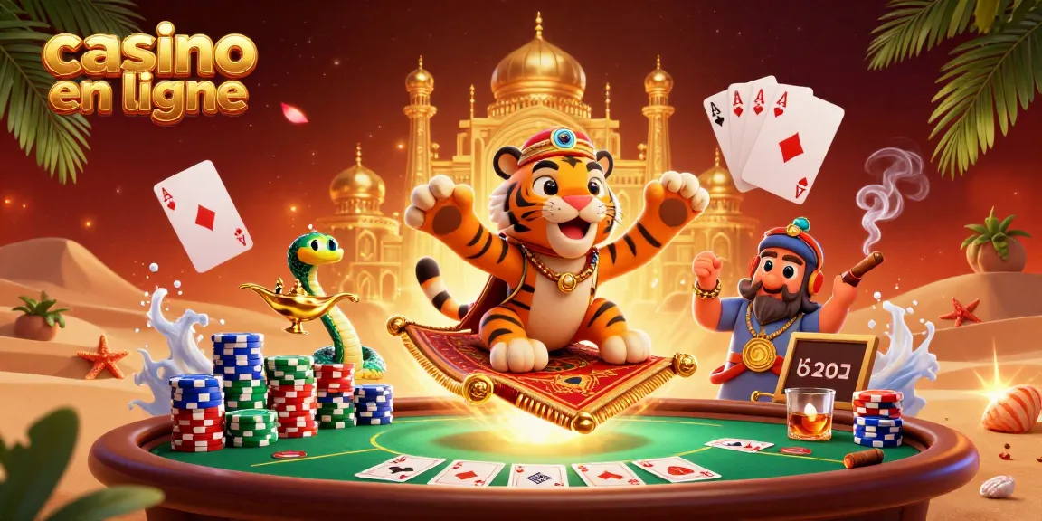 Jouez au casino en ligne avec le sultan et un génie, entourés de jetons de poker et de cartes, dans un cadre magique.