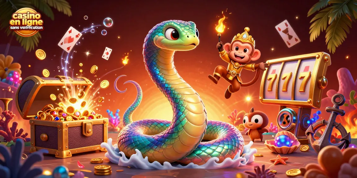 Plongez dans l'univers des jeux avec casino en ligne sans vérification, illustré par un serpent arc-en-ciel et un roi singe dans un trésor scintillant.