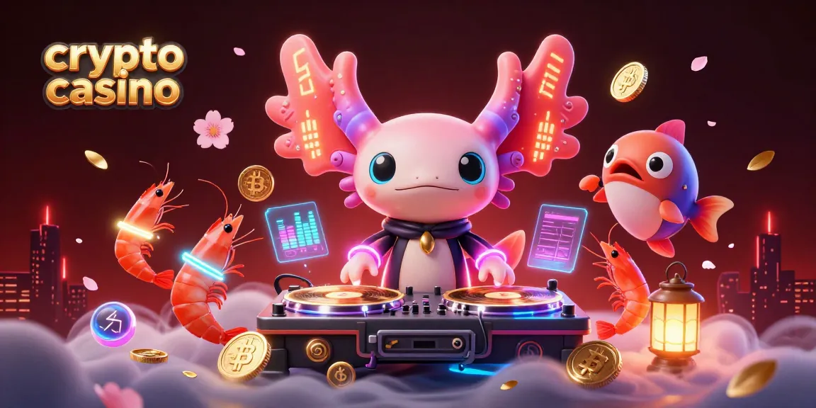 Casino crypto vibrant avec un axolotl DJ et des éléments de blockchain.
