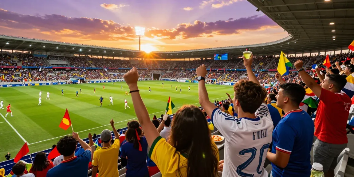 Coupe du monde 2026 : Fans de football dans un stade vibrant, célébrant un match avec enthousiasme.