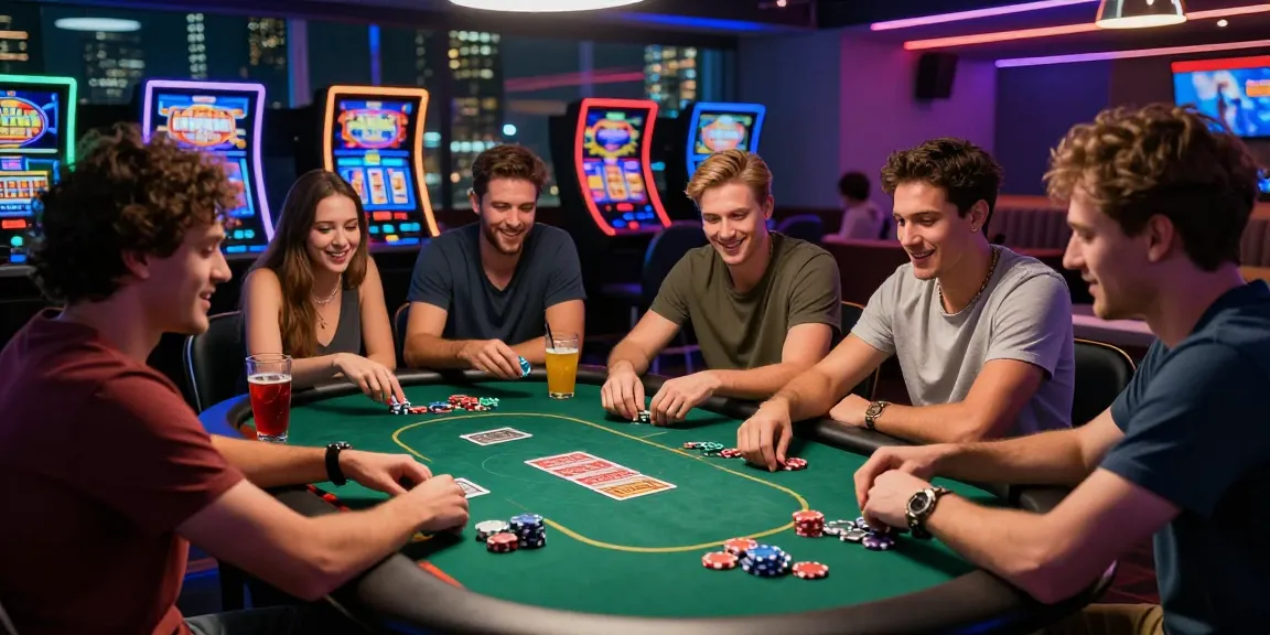 Groupe d'amis jouant à un casino en ligne avec des lumières vives et des jeux de cartes.
