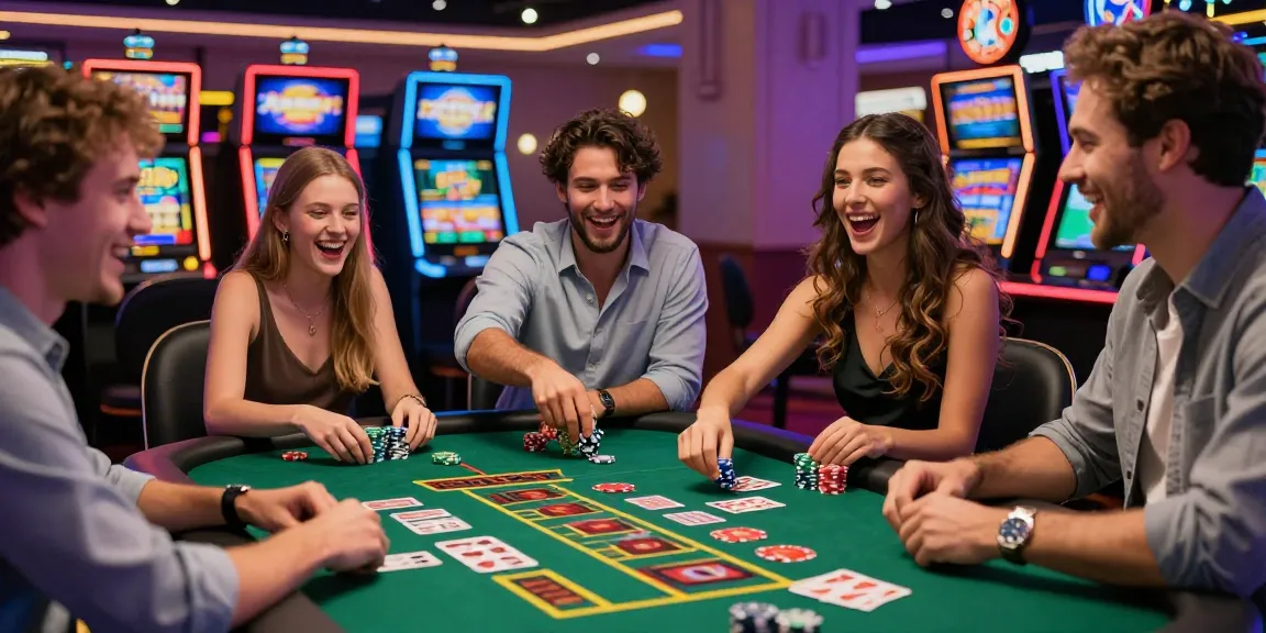 Scène de casino en ligne où des amis jouent et célèbrent des gains dans une ambiance festive, illustrant l'excitation du casino.