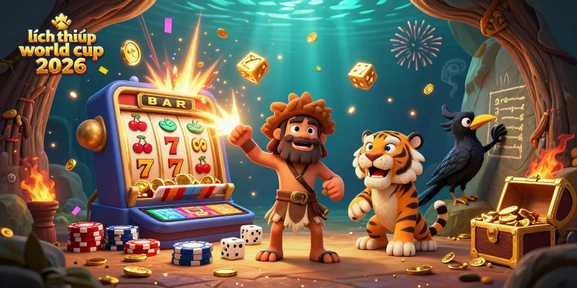 Engaging illustration capturing the excitement of lịch thi đấu world cup 2026 with animated caveman and sabertooth duo in a prehistoric casino.