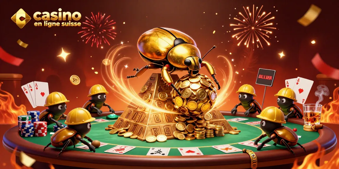 Une illustration dynamique de casino en ligne suisse avec des scarabées dorés et des éléments de jeux.