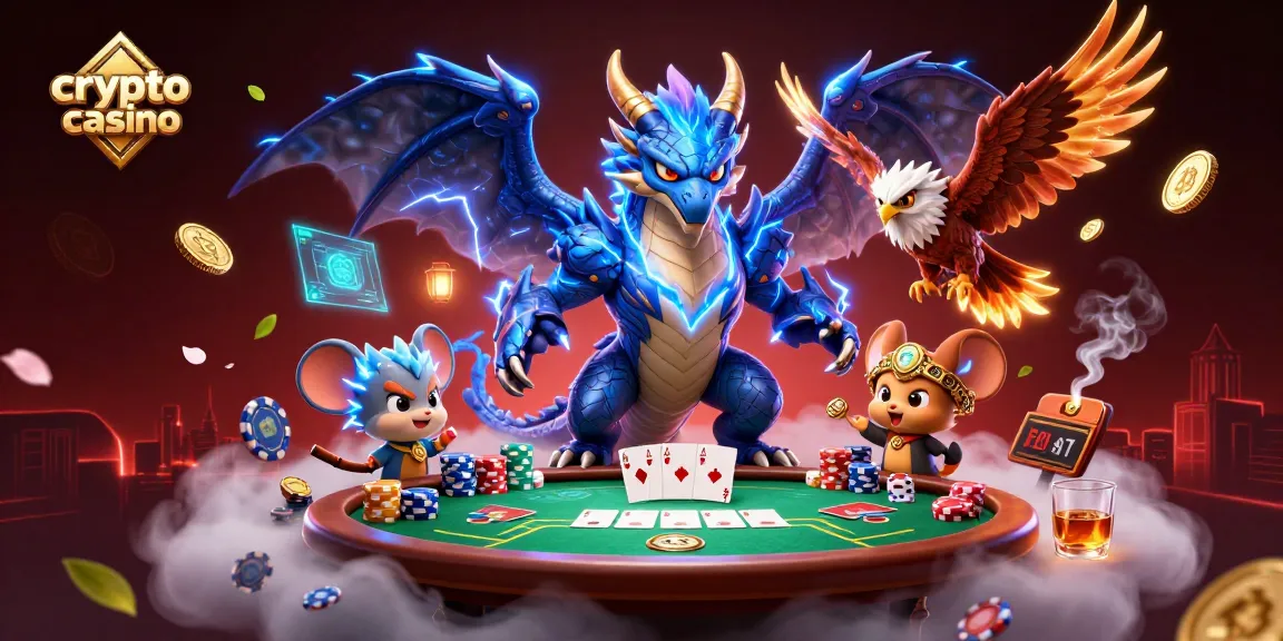 Illustration dynamique crypto casino avec dragon, faucon et souris, jetons et pièces numériques volants.