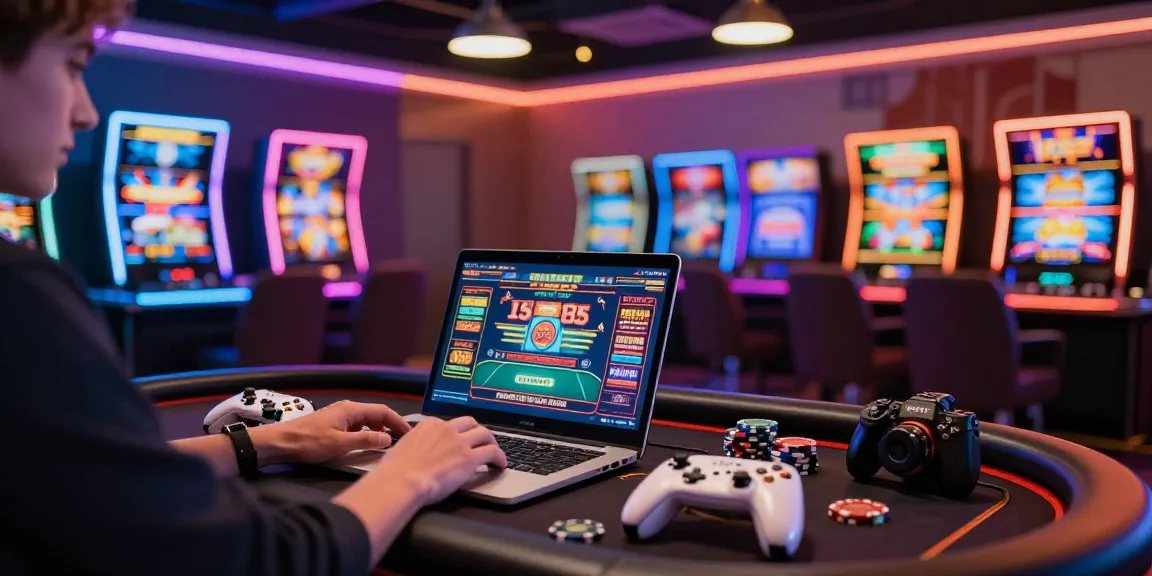 Casino en ligne : joueur sur ordinateur avec jeux colorés et ambiance immersive.